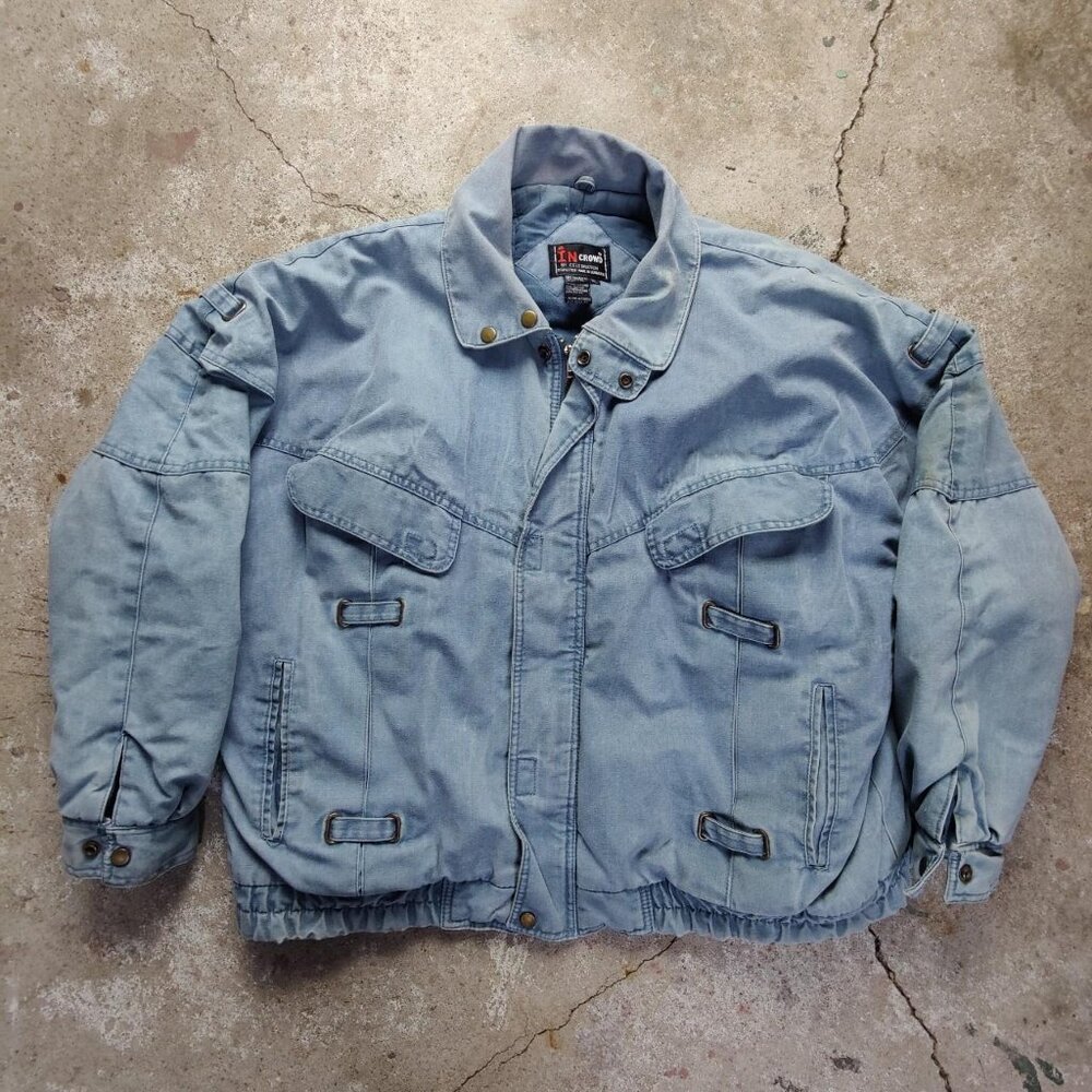 Vintage 'in crowd' cropped and oversized light wash denim puffy bomber jacket XL